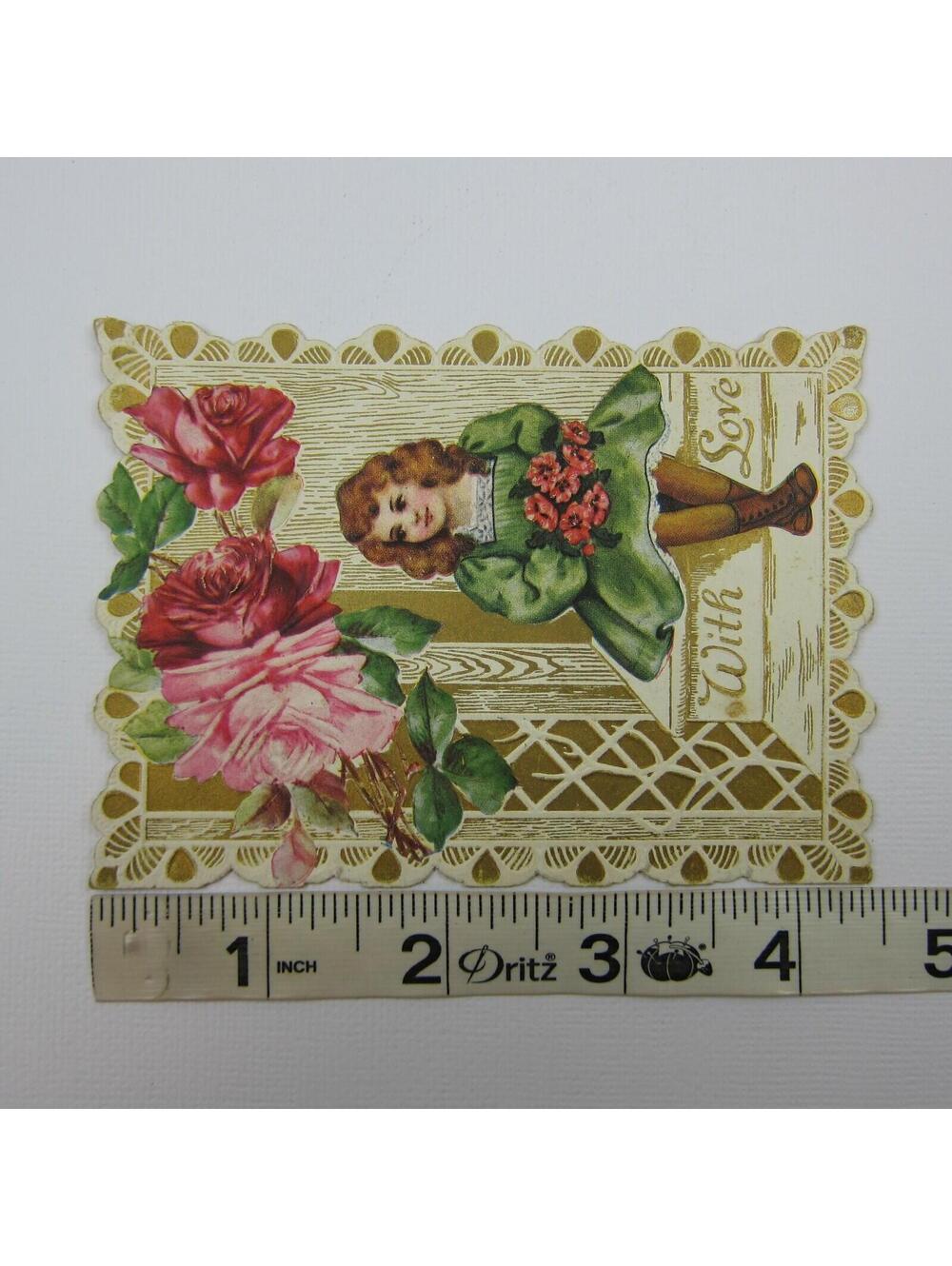 Valentine Card Girl Green Dress Holds Red Poppy Flowers Gold Pink Roses Antique - Picture 11 of 12
